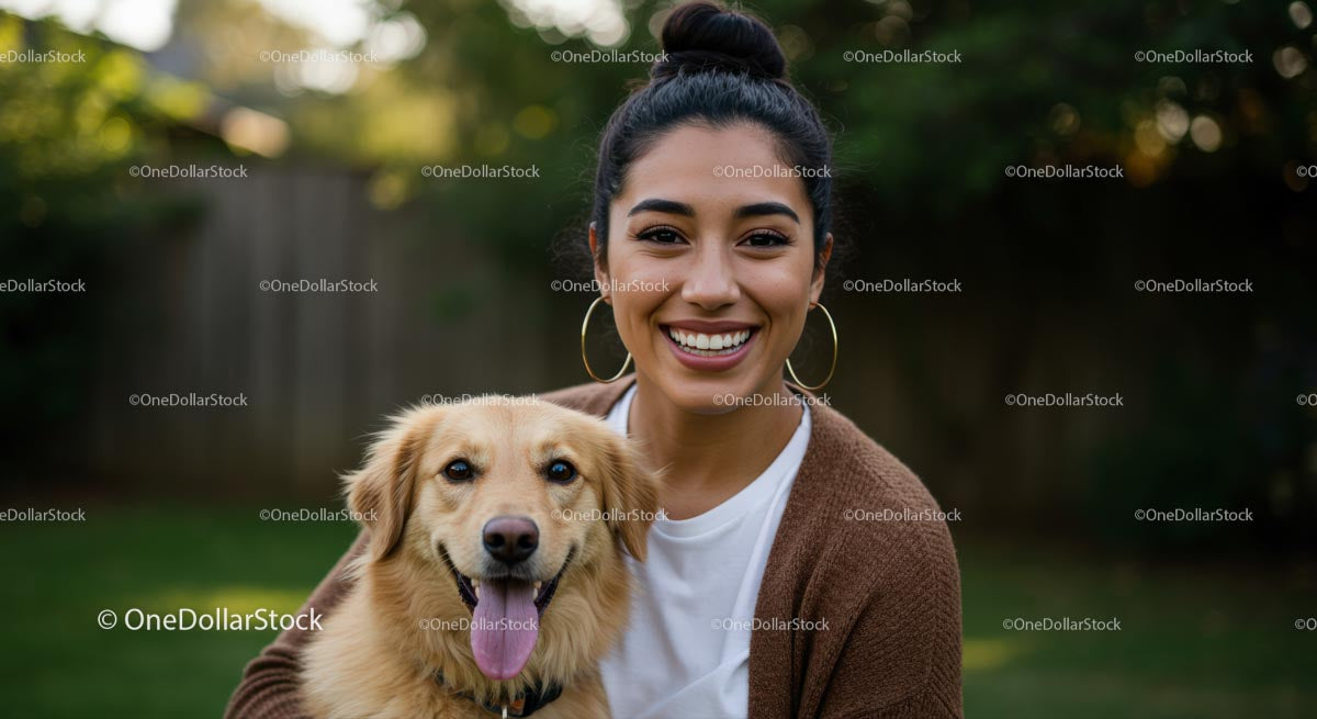 Smiling Woman with Golden Retriever in a Lush Garden