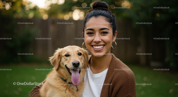 Uśmiechnięta kobieta z golden retrieverem w zielonym ogrodzie