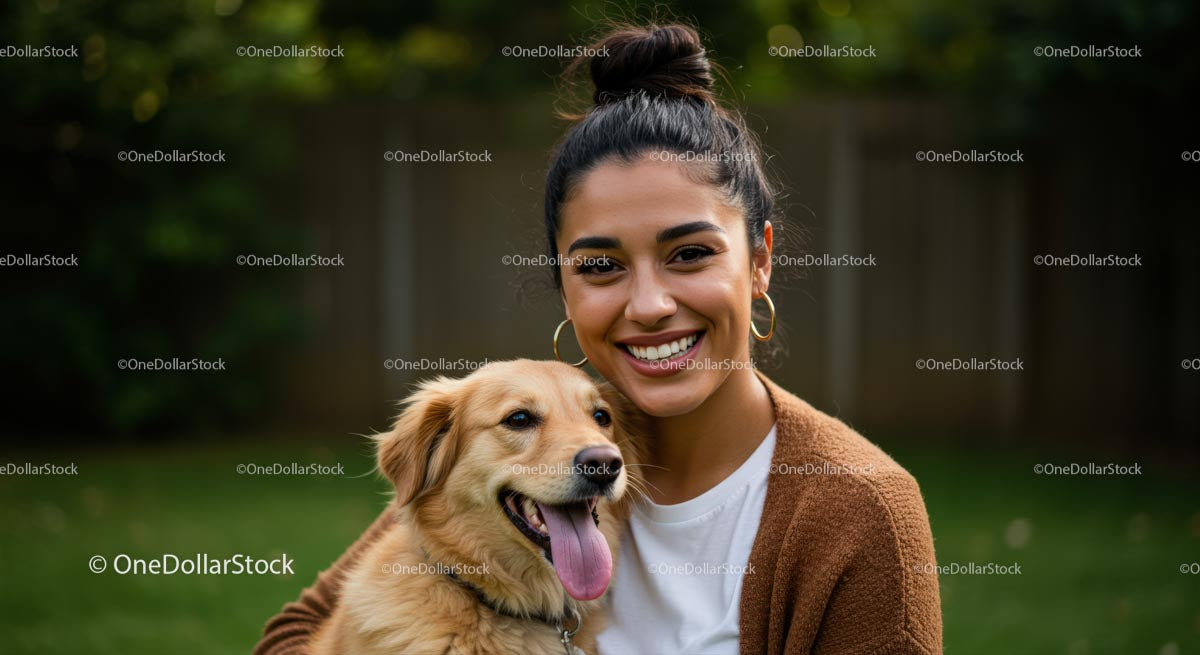 Woman Enjoying Time with Her Golden Dog in a Garden