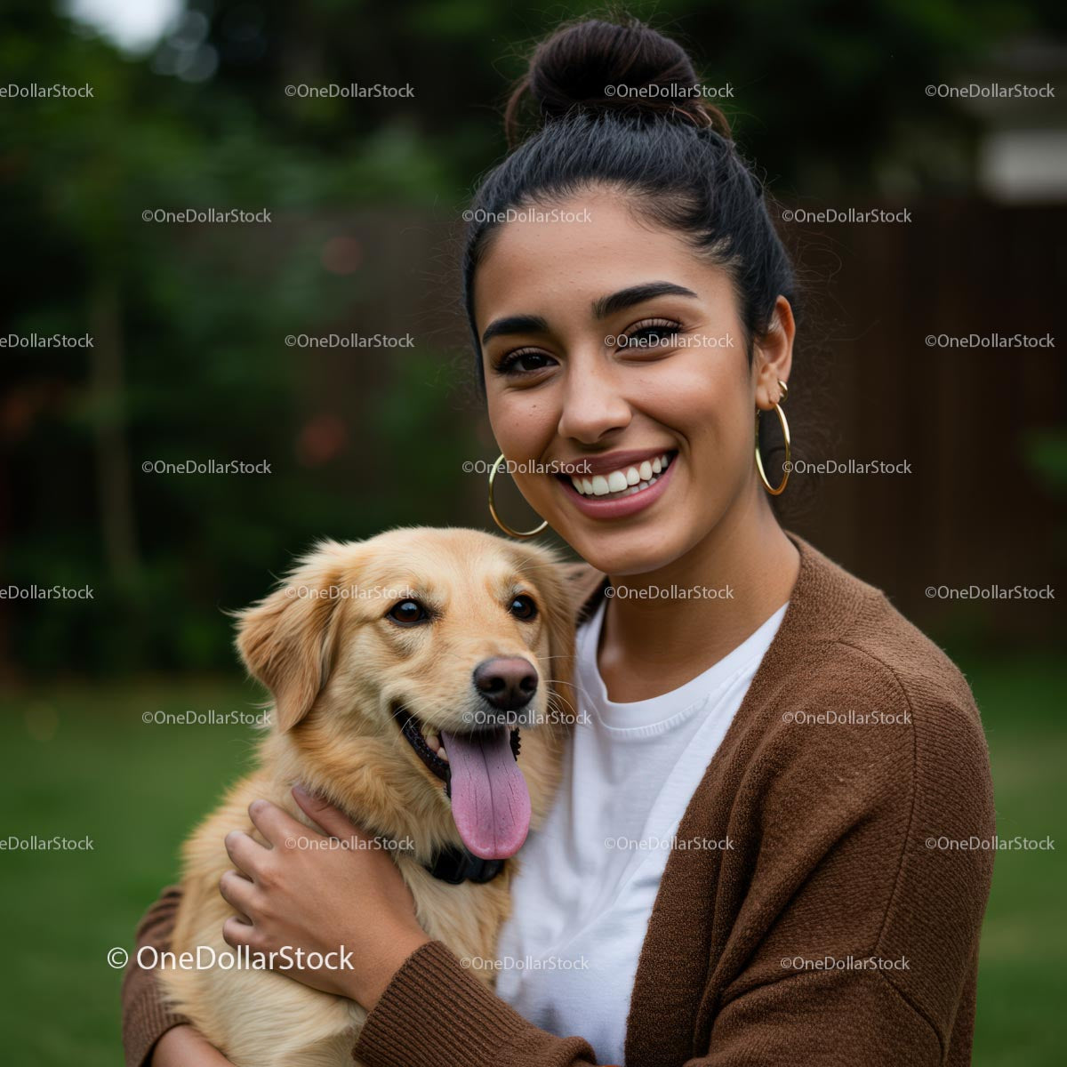 Smiling Woman Embraces Her Happy Golden Retriever Outdoors