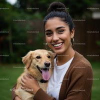 Smiling Woman Embraces Her Happy Golden Retriever Outdoors
