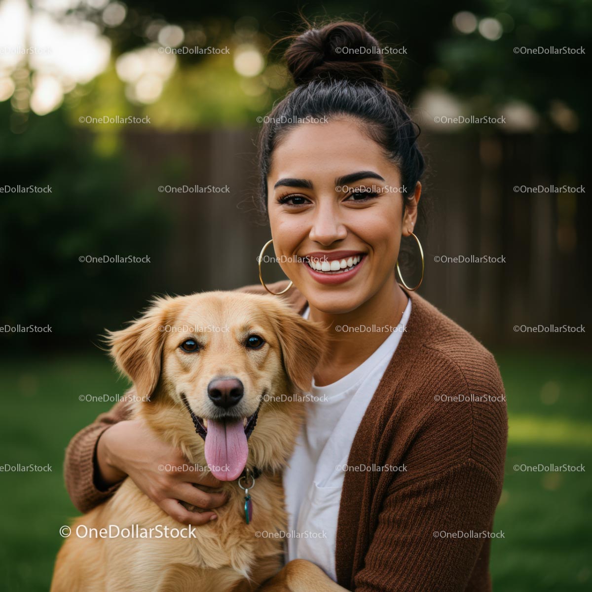 Smiling Woman Embracing Her Happy Golden Retriever