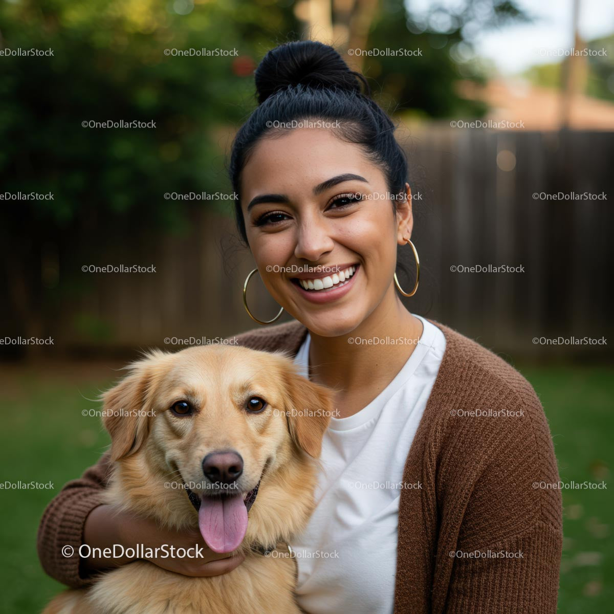 Smiling Woman with Her Happy Golden Retriever in the Backyard
