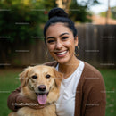 Smiling Woman with Her Happy Golden Retriever in the Backyard