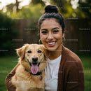 Woman Smiling with Golden Retriever in Sunny Backyard