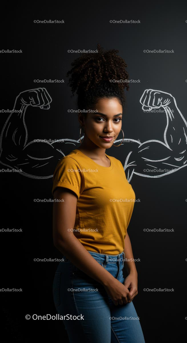 Confident Woman in Yellow Shirt with Chalk Drawn Muscles