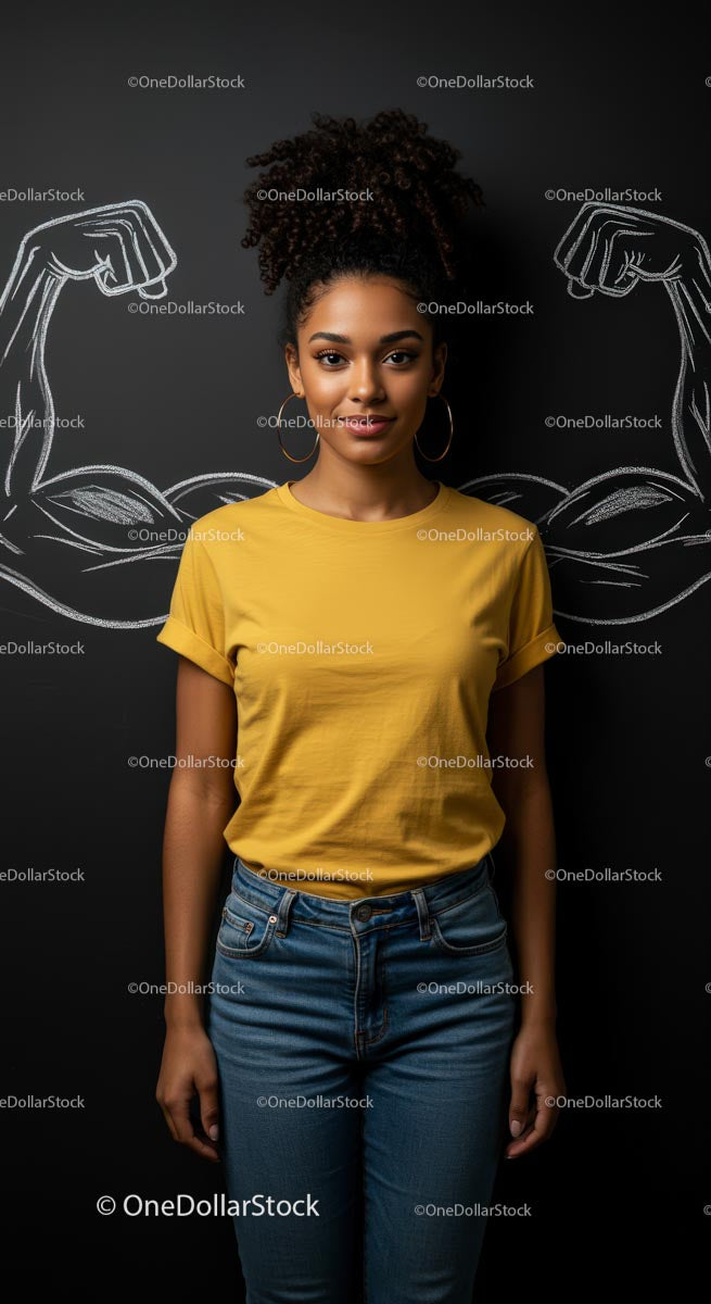 Confident Woman in Yellow Shirt with Empowering Chalk Art