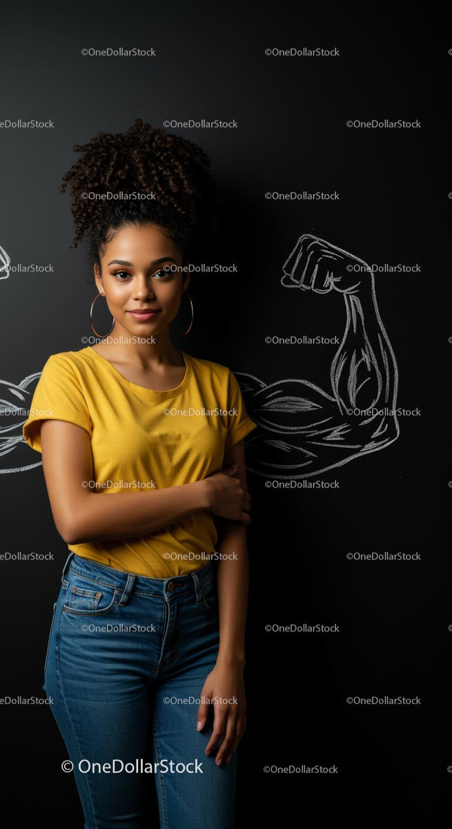 Confident Woman in Yellow T-Shirt with Chalkboard Art
