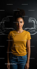 Confident Woman in Yellow Top with Drawn Muscles