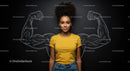 Confident Woman with Chalkboard Art of Muscular Arms