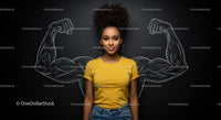 Confident Woman with Chalkboard Art of Muscular Arms