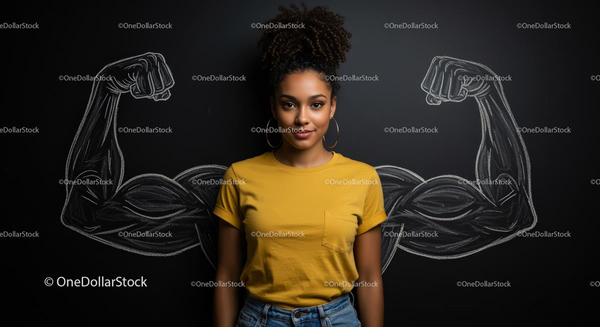 Confident Woman Posing with Chalk Drawn Muscles