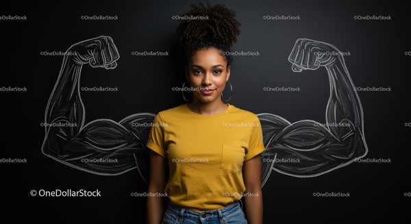 Confident Woman Posing with Chalk Drawn Muscles