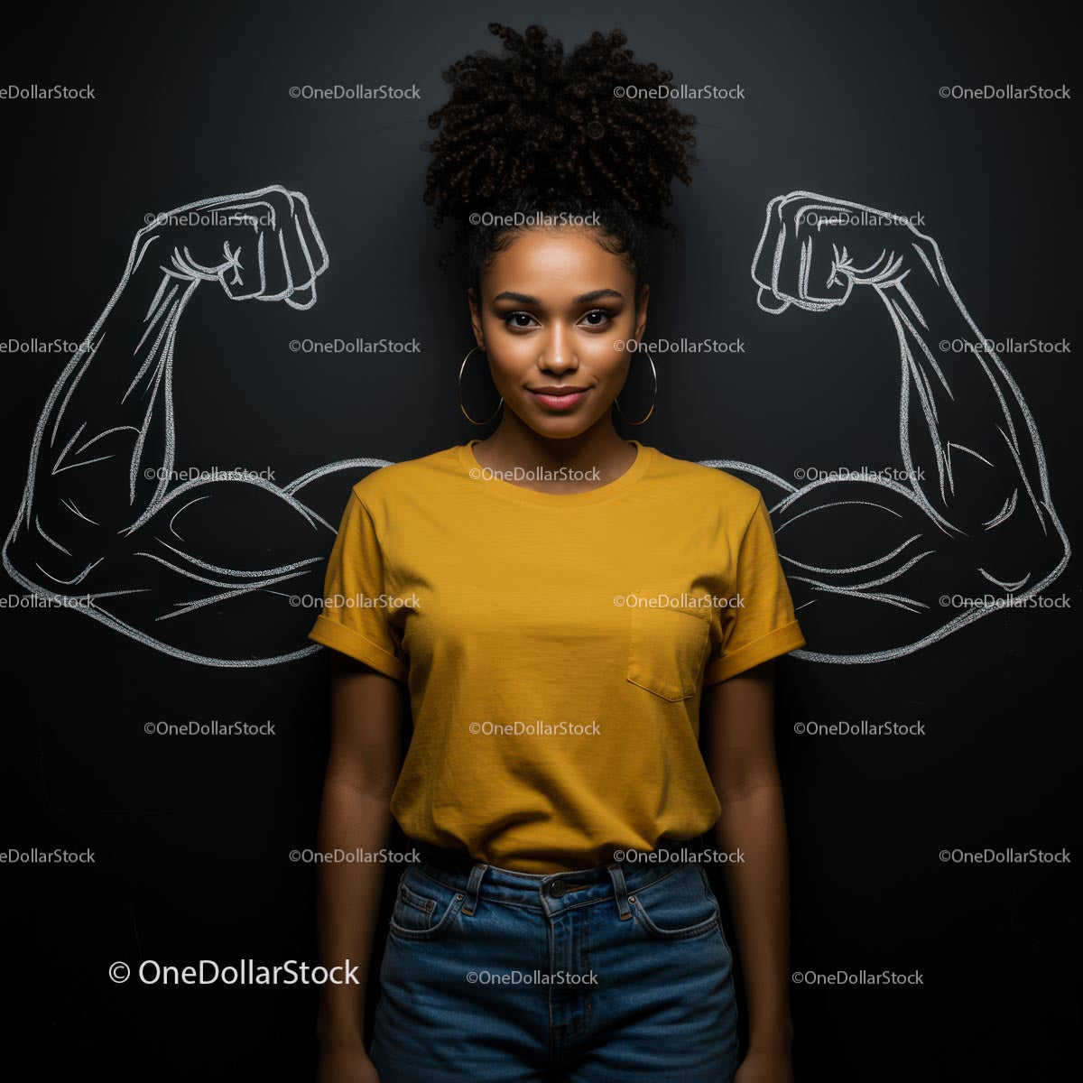 Confident Woman in Yellow Shirt with Chalk Muscles