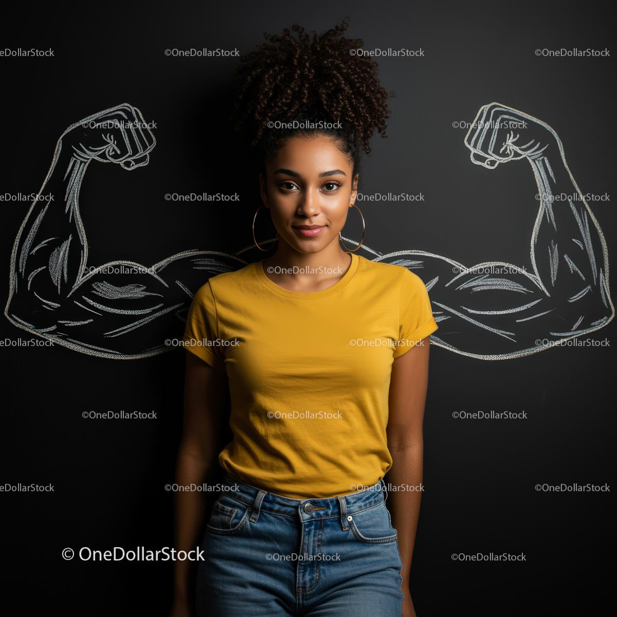 Confident Woman in Yellow Shirt with Chalk-Drawn Muscles