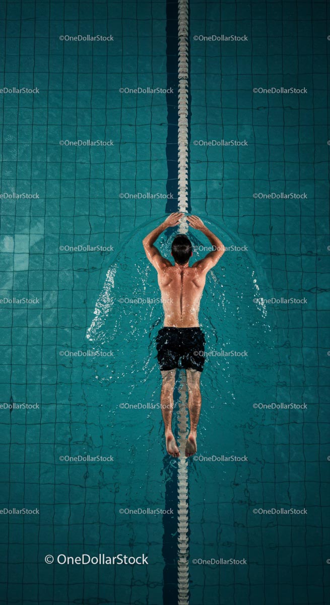 Male Swimmer in a Pool Performing Backstroke