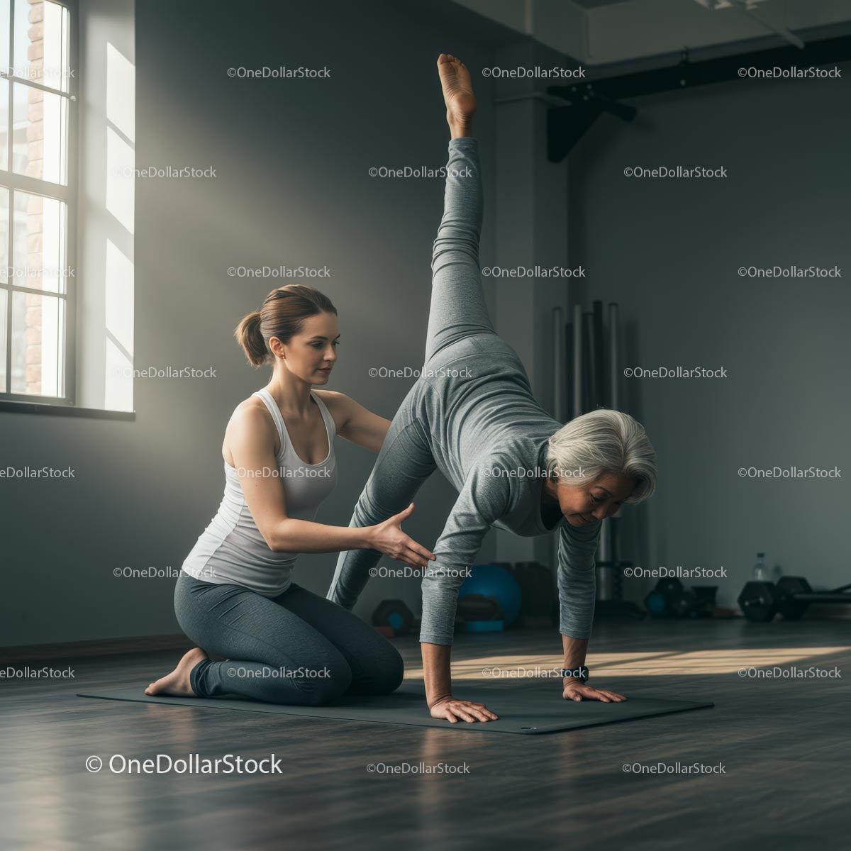Yoga Instructor Assisting Senior Woman in Fitness Class