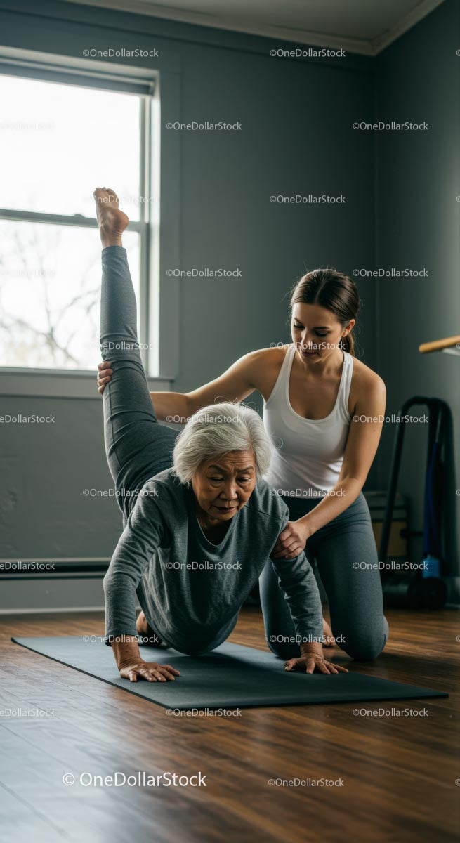 Senior Woman Practicing Yoga with Instructor Assistance