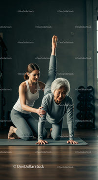 Senior Woman Practicing Yoga with Instructor Support