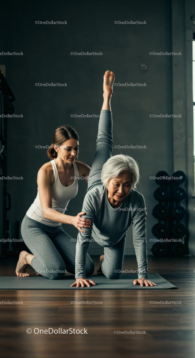 Senior Woman Practicing Yoga with Instructor Support