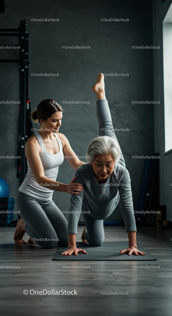 Personal Trainer Assisting Senior Woman in Yoga Pose