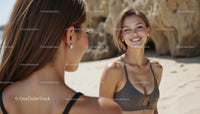 Smiling Woman Enjoys Sunny Beach Day in Stylish Swimwear