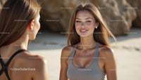 Two Women Smiling and Chatting on a Sunny Beach Day