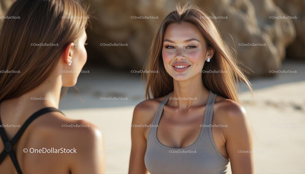 Two Women Smiling and Chatting on a Sunny Beach Day