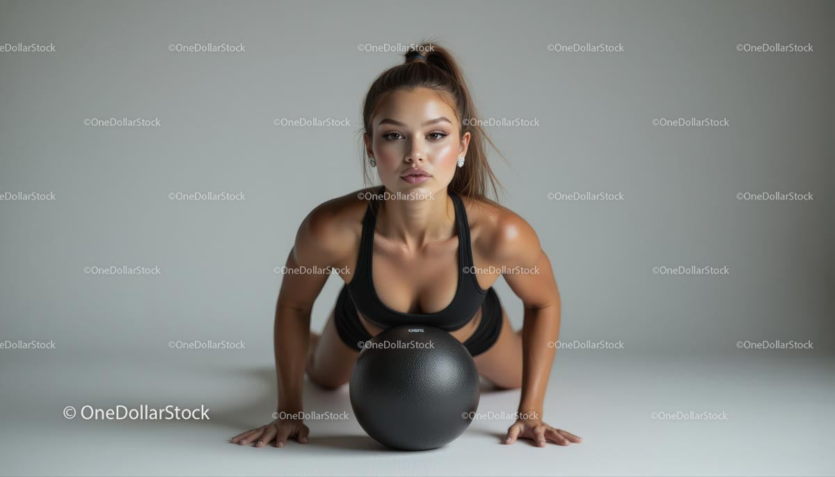 Focused Woman Exercising with Black Fitness Ball