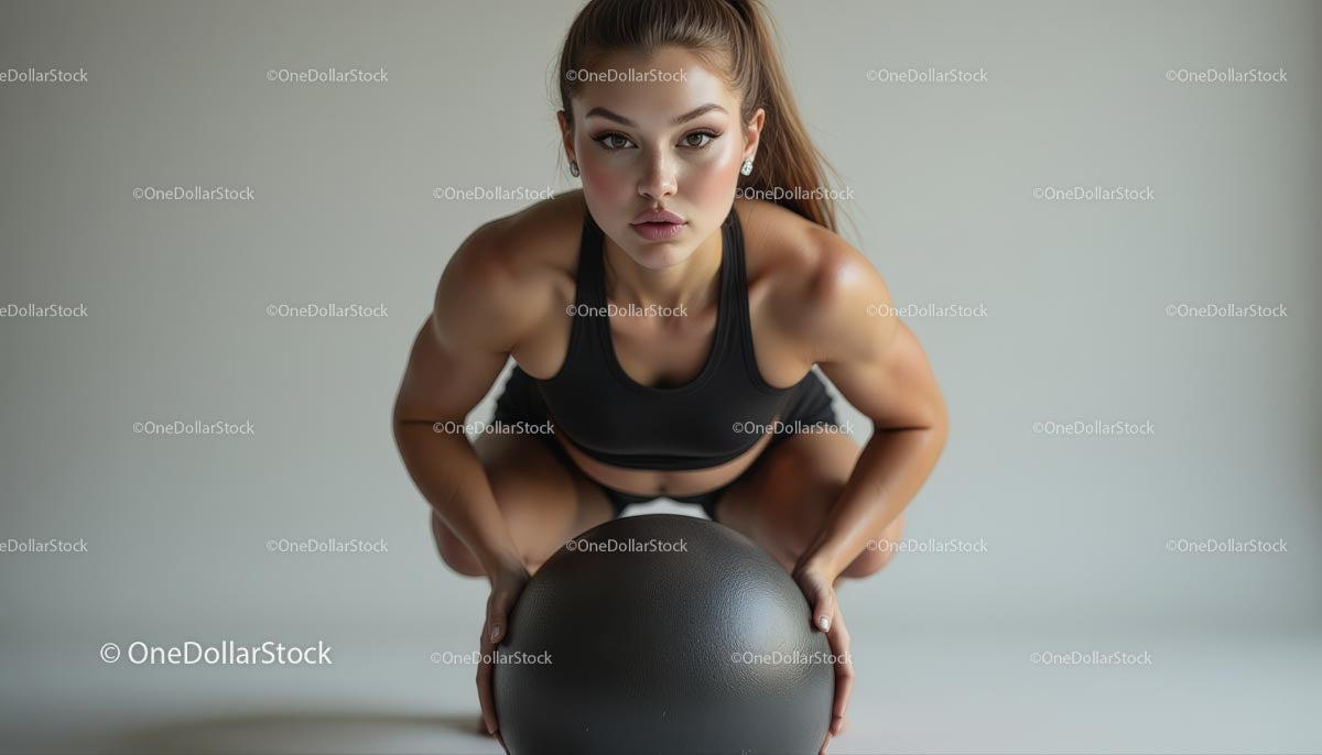 Focused Female Athlete with Medicine Ball in Gym