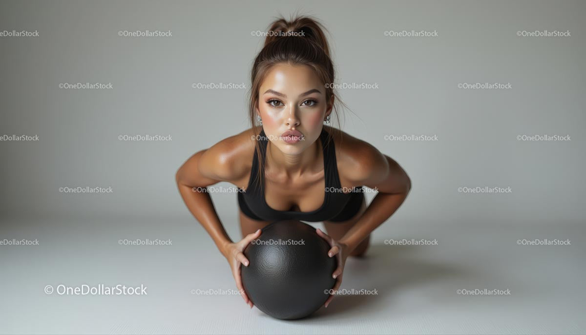 Focused Fitness Woman with Medicine Ball on Workout Mat