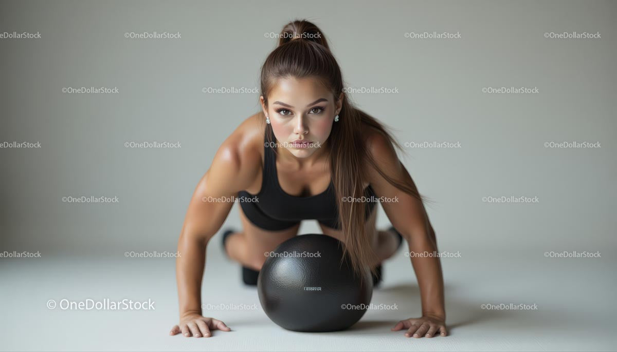 Focused Woman Performing Exercise with Medicine Ball