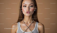 Elegant Woman in Stylish Casual Outfit Against Brown Background