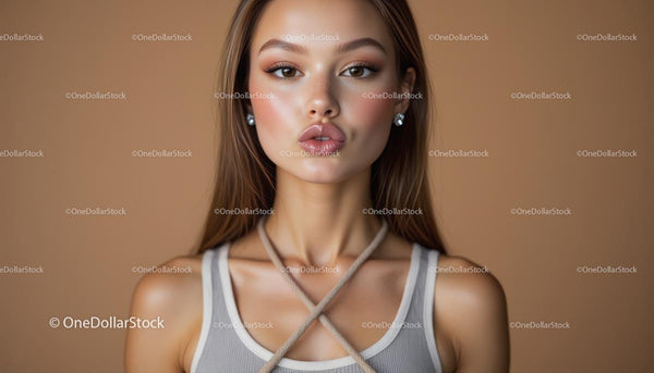 Elegant Woman in Stylish Casual Outfit Against Brown Background