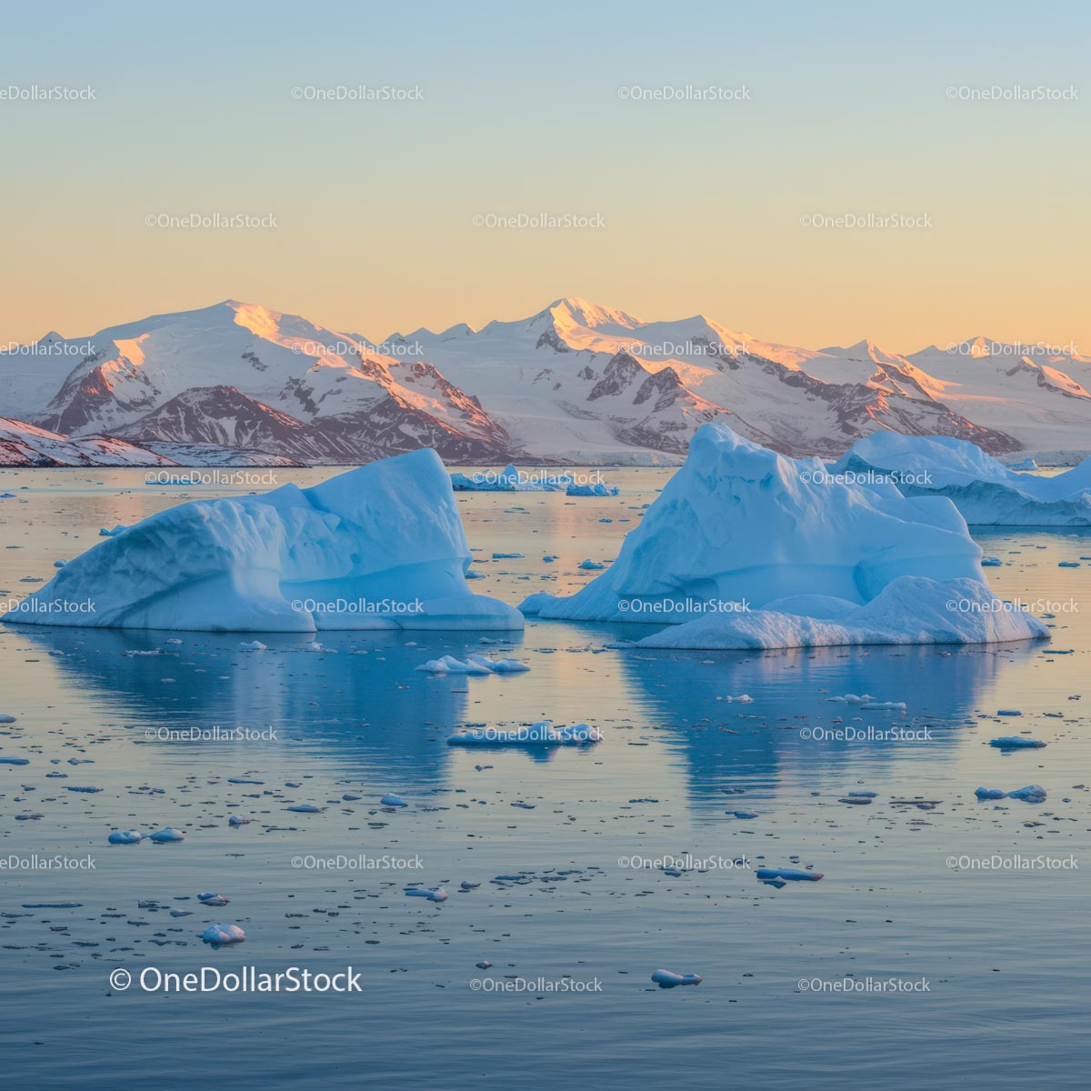Majestic Icebergs at Sunrise with Snow-Capped Mountains