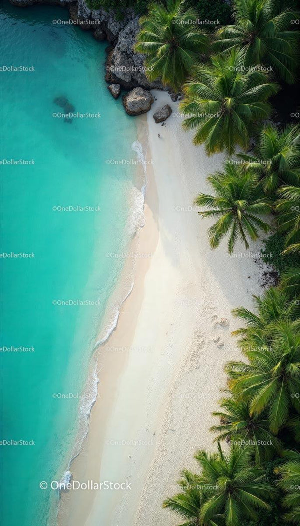 Widok z lotu ptaka na tropikalną plażę z palmami i turkusową wodą