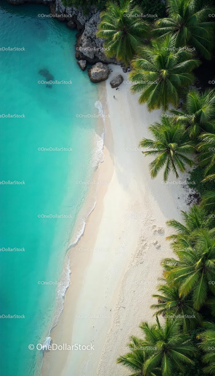Aerial View of Tropical Beach with Palm Trees and Turquoise Water