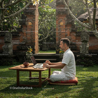 Man Working on Laptop in Tranquil Tropical Garden Setting