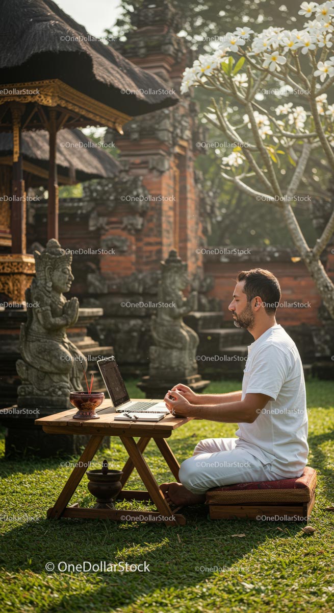 Man Meditating with Laptop in Tranquil Asian Garden