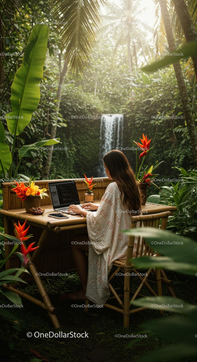Remote Work in a Tropical Jungle with Waterfall Backdrop