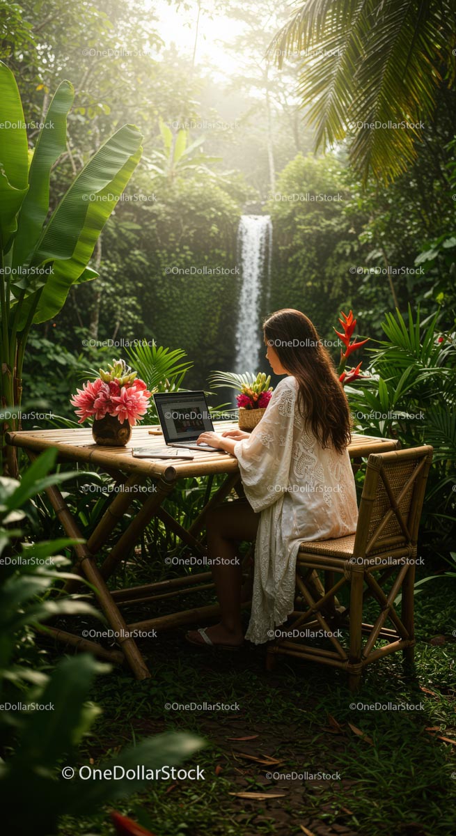Woman Working in Serene Jungle Setting with Waterfall