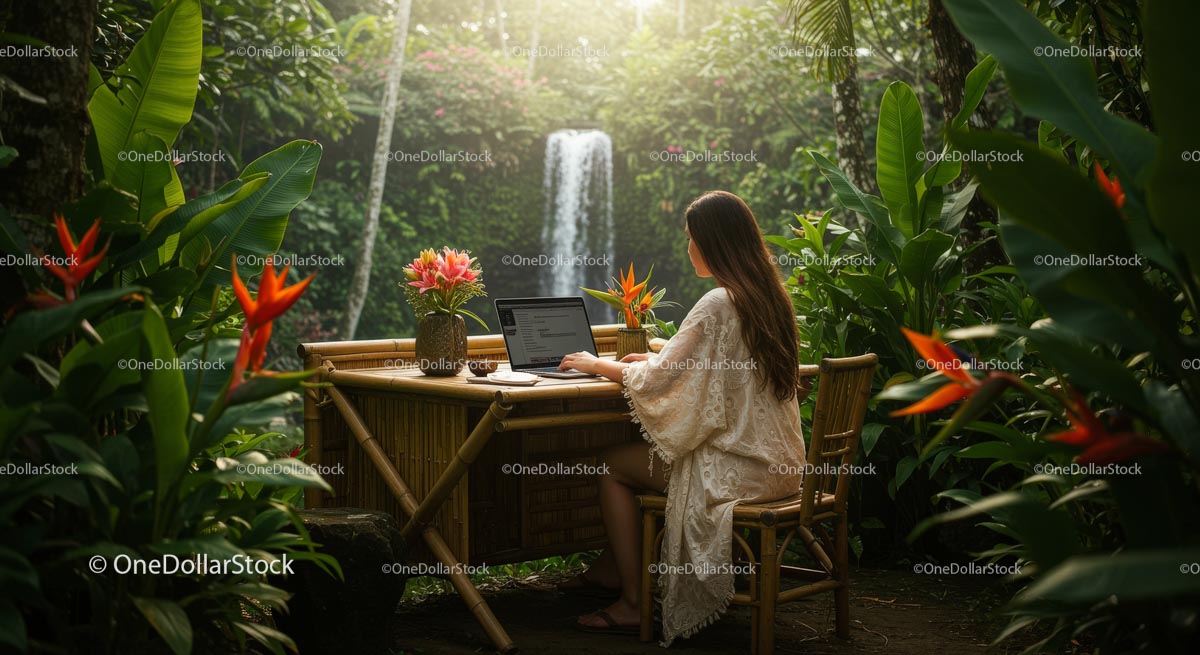 Woman Working on Laptop in Tropical Garden by Waterfall