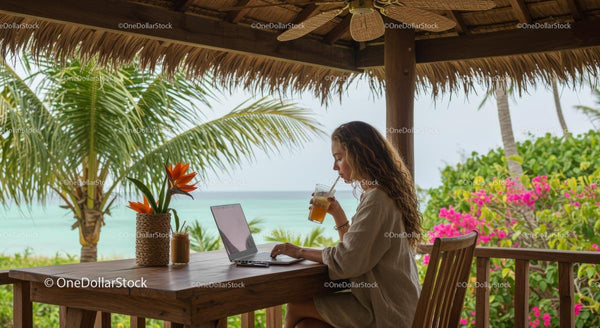 Tropical Workspace with Ocean View and Lush Greenery