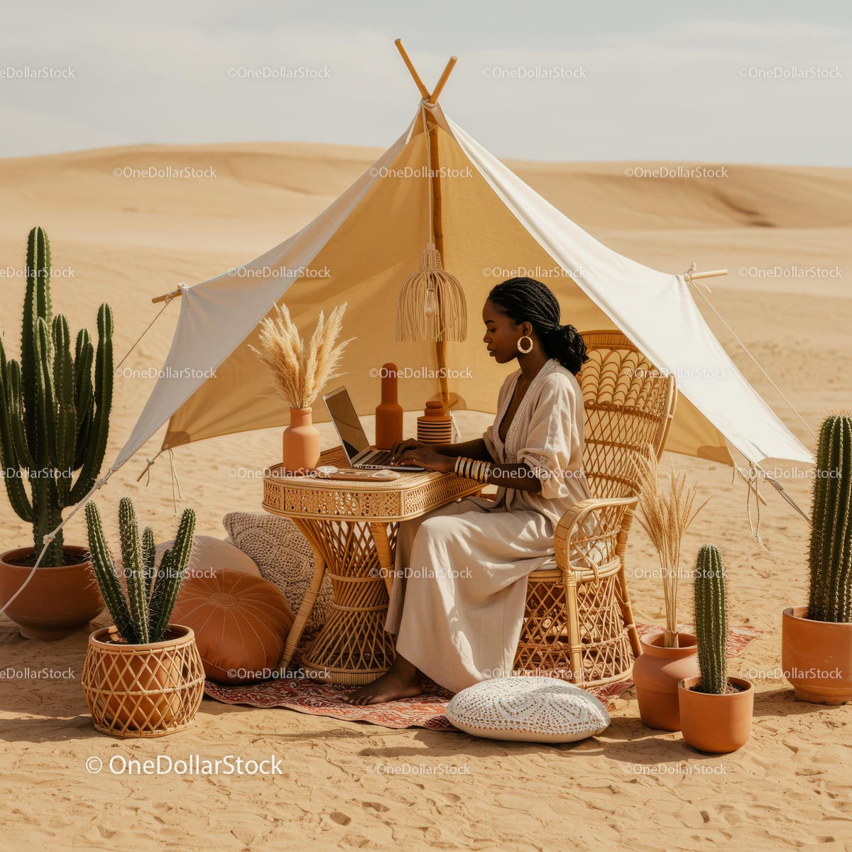 Woman Working Remotely in Desert Tent with Cactus Decor