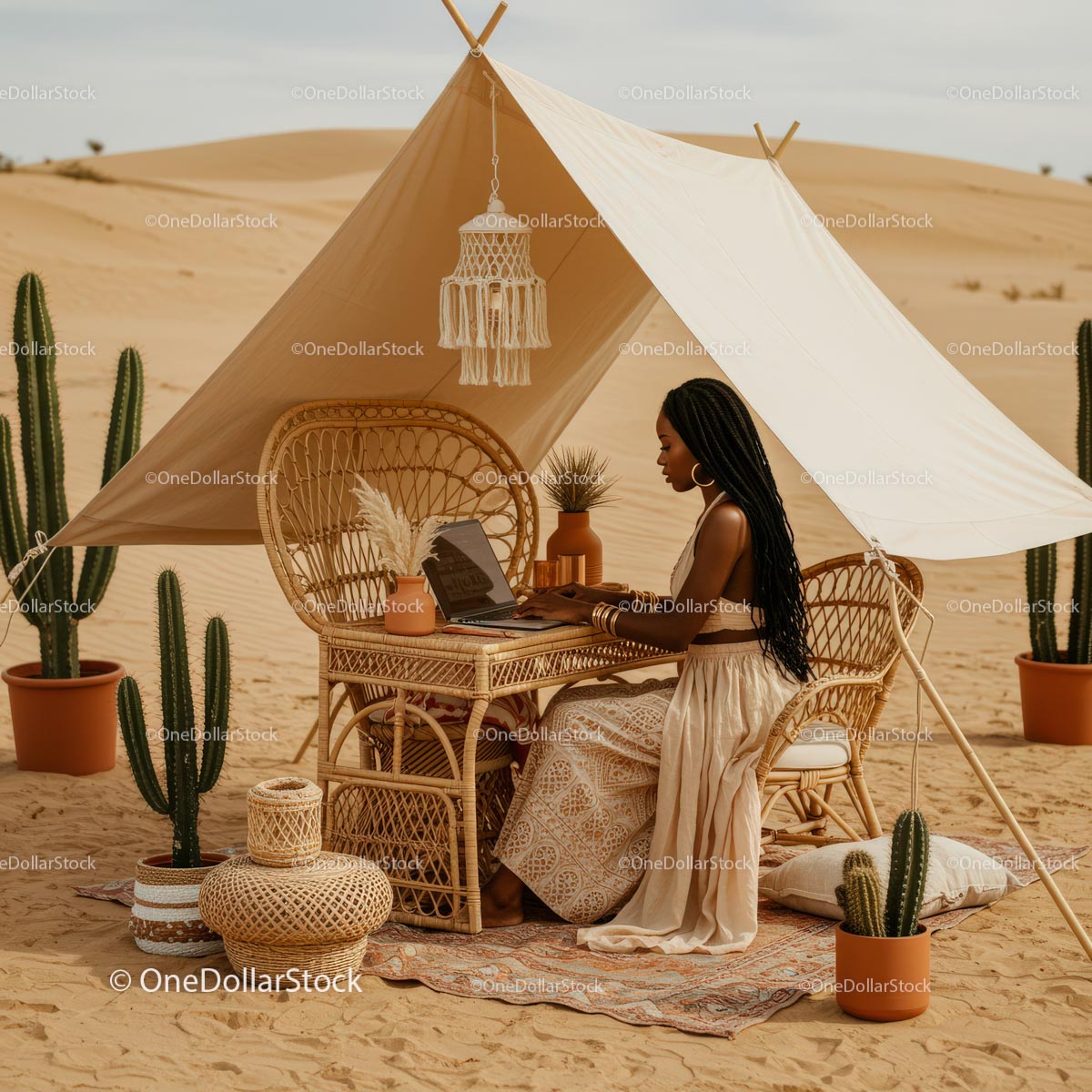Boho Outdoor Workspace in Sunny Desert Landscape