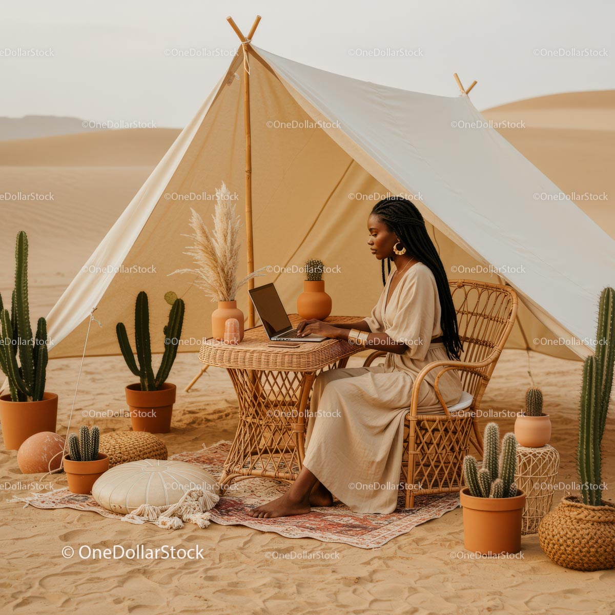 Bohemian Tent with Woman Working on Laptop in Desert