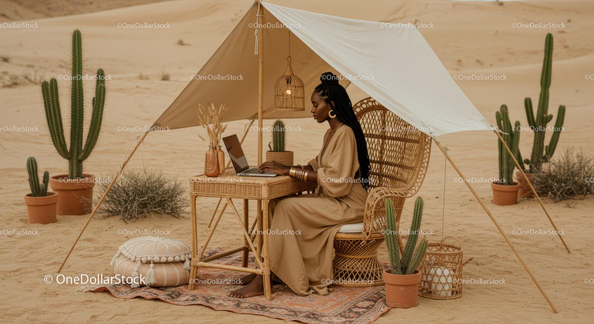 Freelancer in Boho Desert Workspace with Cactus Decor