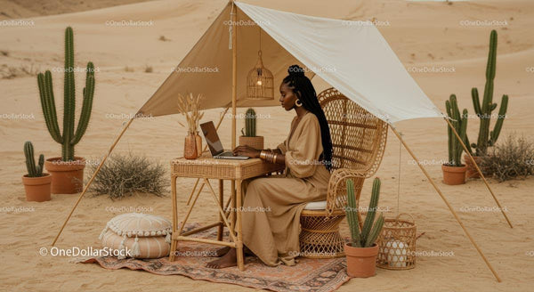 Freelancer in Boho Desert Workspace with Cactus Decor