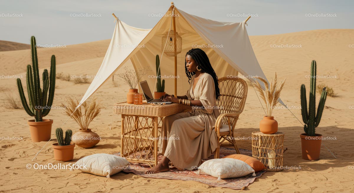 Woman Working Remotely in Desert Oasis Workspace