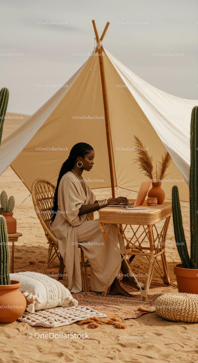 Bohemian Outdoor Workspace in Desert with Cacti